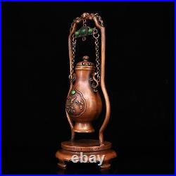 10.2 Chinese Fine Bronze Inlay Gem Hand-made Tree Peony Flower Hang Vase
