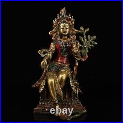 11.4Chinese Fine Bronze Inlay Gem Hand-made Colour Decoration Green Tara Statue