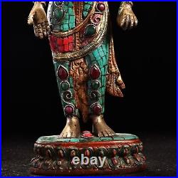11.4 China Bronze Inlay Gem Hand-made Colour Decoration Gild Stand Tara Statue