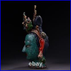 11 China Bronze Inlay Gem Hand-made Colour Decoration Green Tara Head Sculpture