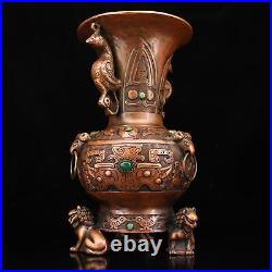 11 collect Chinese Fine Bronze Hand-made Inlay Gembeast Grain Flower Vase