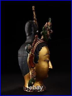 12.6 Chinese Bronze Inlay Gem Hand-made Colour Decoration Guanyin Head Statue