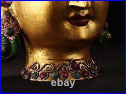 12.6 Chinese Bronze Inlay Gem Hand-made Colour Decoration Guanyin Head Statue