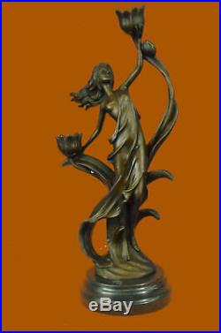16 European Made Folk Excellent Brown Bronze Lotus Flower Candleholder Statue