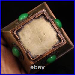 3.9 Chinese Fine Bronze Hand-made Inlay Gem Carve Arabesquitic Small Dou Statue