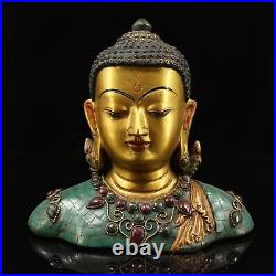 6.7 Chinese Fine Copper Hand-made Inlay Gem Gild Sakyamuni Buddha Statue