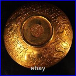 7.1 Chinese Fine Bronze Inlay Gem Hand-made Gilding Animal Nine Dragon Plate