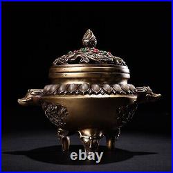 7.5 Collect Chinese Fine Bronze Inlay Gem White Jade Hand-made Incense Burner