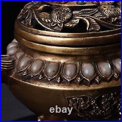 7.5 Collect Chinese Fine Bronze Inlay Gem White Jade Hand-made Incense Burner