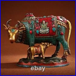 8.7 Chinese Bronze Inlay Gem Hand-made Colour Decoration Gild Animal Ox Statue
