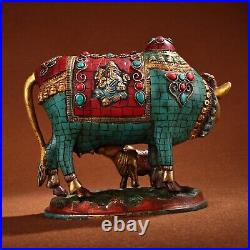 8.7 Chinese Bronze Inlay Gem Hand-made Colour Decoration Gild Animal Ox Statue