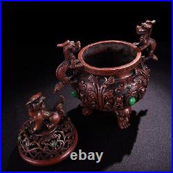 8.7 Chinese Fine Bronze Inlay Gem Hand-made Kylin Arabesquitic Incense Burner