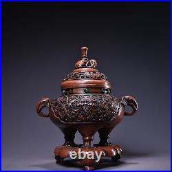9.1 Chinese Bronze Inlay Gem Hand-made Auspicious Beast Grain Incense Burner