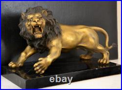 Animal Statue Bronze Figure Roaring Lion on Marble Plate 9.8kg