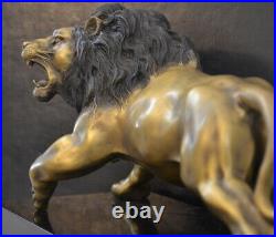 Animal Statue Bronze Figure Roaring Lion on Marble Plate 9.8kg