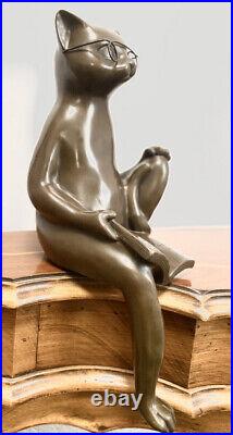 Animal bronze bookrest sitting bronze cat with glasses and book approx. 3kg
