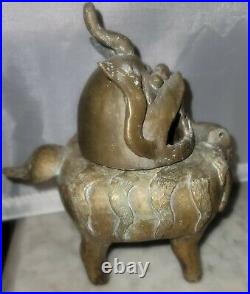 Antique Chinese Solid Bronze Hand Made Foo Dog Ink Well Incense Burner