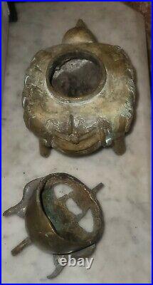 Antique Chinese Solid Bronze Hand Made Foo Dog Ink Well Incense Burner