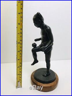 Antique Japanese Meiji Bronze Hand Made Statue People Play Woven ball, 3.75 Lbs