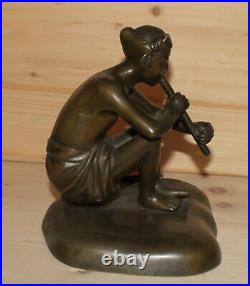 Antique hand made bronze flute player boy figurine