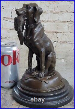 Art Deco Hand Made Hunting Dog with Bird on Marble Base Bronze Statue Figure