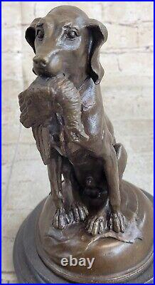 Art Deco Hand Made Hunting Dog with Bird on Marble Base Bronze Statue Figure