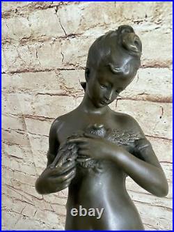 Art Deco Nouveau Hand Made by Lost wax Method Girl Holding Bird bronze statue