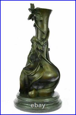 Art Nouveau Solid 100% Real Bronze Vase With Erotic Lady Statue Made By Lost Wax