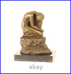 BRONZE FIGURE SCULPTURE Knee Woman MARBLE BASE Dreaming DECORATIVE STATUE EJA0476