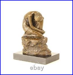 BRONZE FIGURE SCULPTURE Knee Woman MARBLE BASE Dreaming DECORATIVE STATUE EJA0476