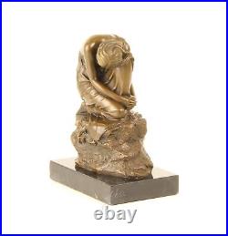 BRONZE FIGURE SCULPTURE Knee Woman MARBLE BASE Dreaming DECORATIVE STATUE EJA0476