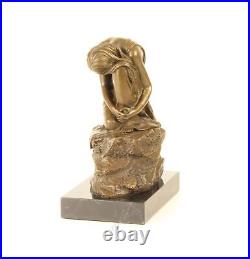 BRONZE FIGURE SCULPTURE Knee Woman MARBLE BASE Dreaming DECORATIVE STATUE EJA0476