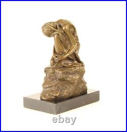 BRONZE FIGURE SCULPTURE Knee Woman MARBLE BASE Dreaming DECORATIVE STATUE EJA0476