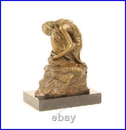 BRONZE FIGURE SCULPTURE Knee Woman MARBLE BASE Dreaming DECORATIVE STATUE EJA0476