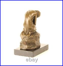 BRONZE FIGURE SCULPTURE Knee Woman MARBLE BASE Dreaming DECORATIVE STATUE EJA0476