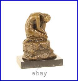 BRONZE FIGURE SCULPTURE Knee Woman MARBLE BASE Dreaming DECORATIVE STATUE EJA0476