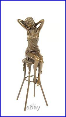 BRONZE FIGURE SCULPTURE woman on bar stool statue figure decoration eja0311