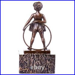 BRONZE FIGURE STATUE SCULPTURE Girls with Tires MARBLE BASE Hoop Girl JMA070