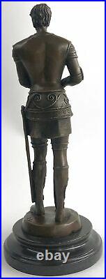BRONZE KNIGHT STATUE WithSWORD HAND MADE SCULPTURE MARBLE BASE FIGURINE FIGURE ART