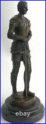 BRONZE KNIGHT STATUE WithSWORD HAND MADE SCULPTURE MARBLE BASE FIGURINE FIGURE ART