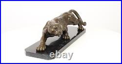BRONZE SCULPTURE Creeping Panther MARBLE BASE Statue DECORATION Animal EJA0229