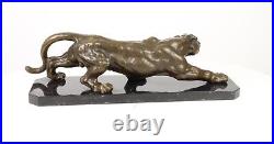 BRONZE SCULPTURE Creeping Panther MARBLE BASE Statue DECORATION Animal EJA0229