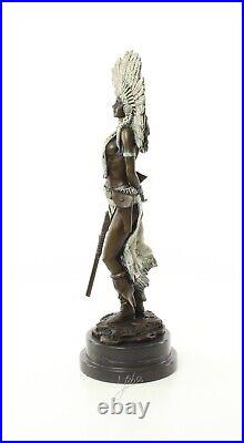 BRONZE SCULPTURE Indian MARBLE BASE Statue FIGURE Decor WOMAN Headdress EJA0115
