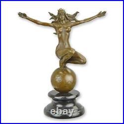 BRONZE SCULPTURE Woman in the World EARTH Ball TOP OF THE WORLD Statue Figure EJA0572