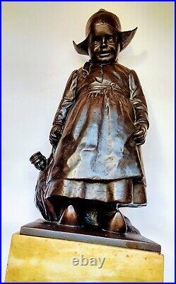 BRONZE antique sculpture statue made in 1879. German table art GIRL WITH A DOLL