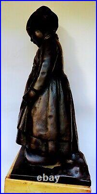 BRONZE antique sculpture statue made in 1879. German table art GIRL WITH A DOLL