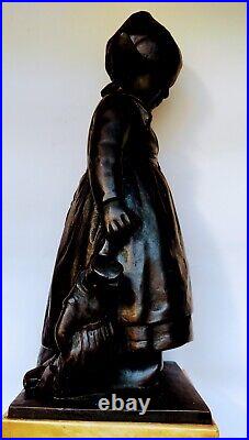 BRONZE antique sculpture statue made in 1879. German table art GIRL WITH A DOLL