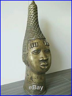 Bronze African Benin Sculpture Queen Mother head statue Africa Art Hand Made