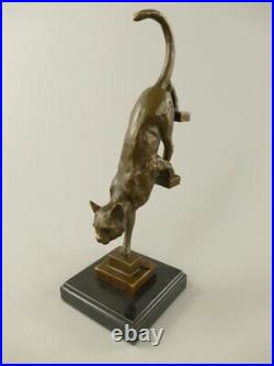 Bronze Cat Goes Down Stairs Figure Sculpture Statue Marble Base JMA257.2