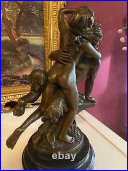 Bronze Figure Bronze Sculpture Antique Satyr and Nymph on Marble Base